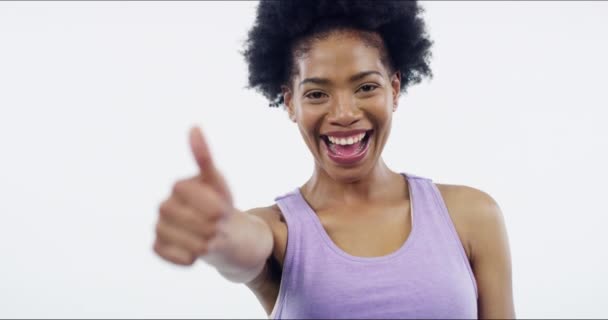 Happy Woman Smile Thumbs Fitness Studio Mock White Background African — Stock Video