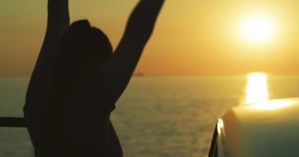 Kobieta Sylwetka Zachód Słońca Oceanu Samochodu Wycieczkę Motywacją Osiągnięciami Podróży — Wideo stockowe