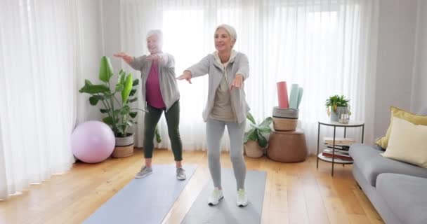 Fitness Yoga Bejaarde Vriendinnen Een Thuisstudio Trainen Voor Gezondheid Welzijn — Stockvideo