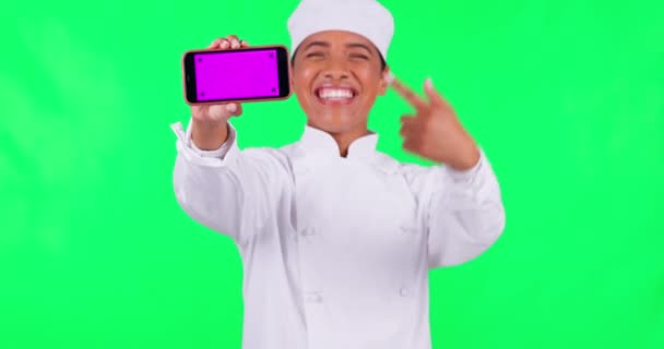 Chef Telefone Mulher Apresentação Tela Verde Promoção Restaurante Menu Line — Vídeo de Stock
