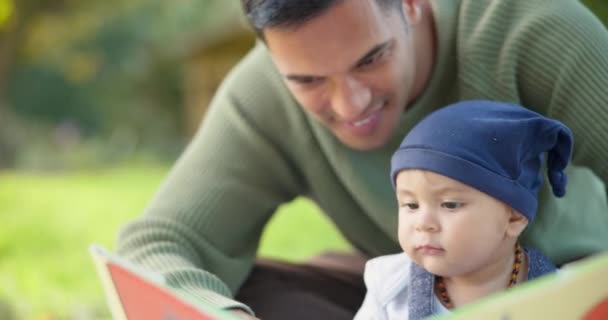 Buch Lesen Und Vater Unterrichten Baby Und Outdoor Bindung Einem — Stockvideo