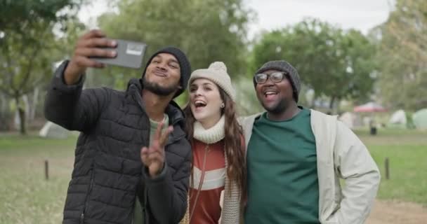 Selfie Camping Och Fredstecken Med Vänner Naturen För Sociala Medier — Stockvideo