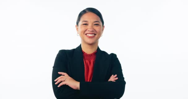 Ansigt Forretning Asiatisk Kvinde Med Krydsede Arme Smil Medarbejder Isoleret – Stock-video