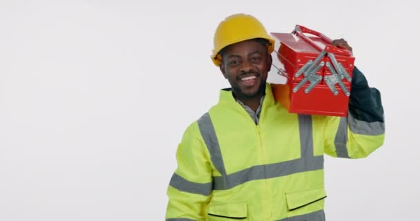 Pouces Levées Boîte Outils Visage Homme Travailleur Construction Dans Studio — Video