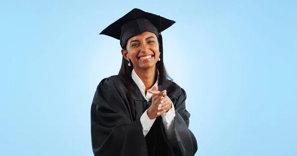 Graduation Education Achievement Woman Portrait Success Learning Blue Background Mockup — Stock Photo, Image
