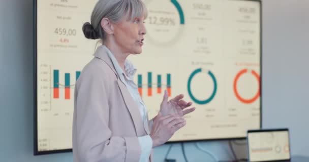 具有数据分析 统计和数字回顾能力的商业 演示和妇女发言 反馈和领导 有成熟的行政指导和经济增长的图表和战略 — 图库视频影像