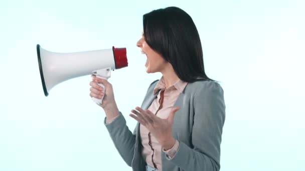 Profil Megafon Atau Wanita Bisnis Berteriak Untuk Umpan Balik Atau — Stok Video