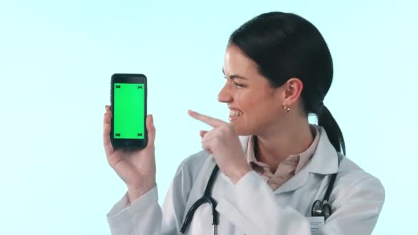 Yeşil Ekran Telefon Mutlu Kadın Doktor Tamam Çevrimiçi Sağlık Hizmeti — Stok video