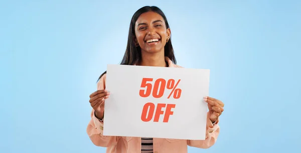 Woman Promotion Poster Price Portrait Sale Discount Billboard Studio Excited — Stock Photo, Image