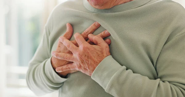 Heart, cardiology and person hands on chest with pain, sick and cardiovascular healthcare closeup. Indigestion, heartburn and health with wellness, elderly care with anxiety attack and hypertension.