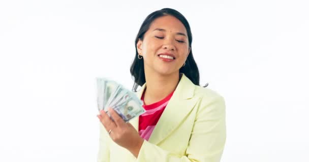 Счастливая Азиатская Женщина Фанат Денег Финансов Сбережений Богатства Богатых Студии — стоковое видео