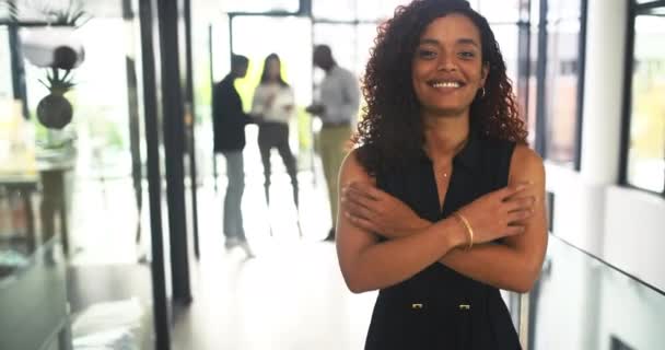 商界女性 快乐而又充满自信地微笑着 希望团队在现代办公室的领导中取得成功 增强黑人 老板和妇女权能 促进全球 伙伴关系和发展 — 图库视频影像