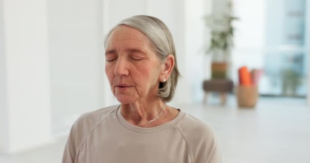 Старшая Женщина Медитация Расслабиться Йогой Оздоровительные Физические Упражнения Здоровья Пенсии — стоковое видео