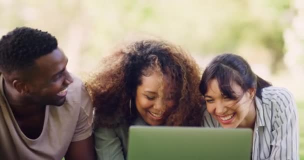 Laptop Prieteni Sau Oameni Fericiți Parc Rețelele Socializare Pentru Discuta — Videoclip de stoc