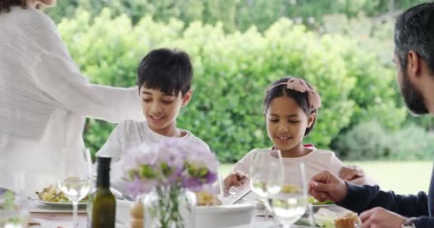 Γιορτή Γεύμα Και Οικογένεια Ευτυχία Πάρτι Και Καλοκαίρι Χαμόγελο Υγεία — Αρχείο Βίντεο