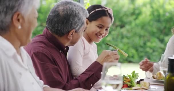 Dziadkowie Obiad Rodzina Szczęściem Impreza Lato Uśmiechem Zdrowie Spotkanie Towarzyskie — Wideo stockowe