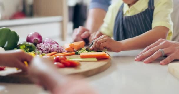 Mãos Corte Legumes Para Alimentos Cozinha Com Ajuda Apoio Aprendizagem — Vídeo de Stock