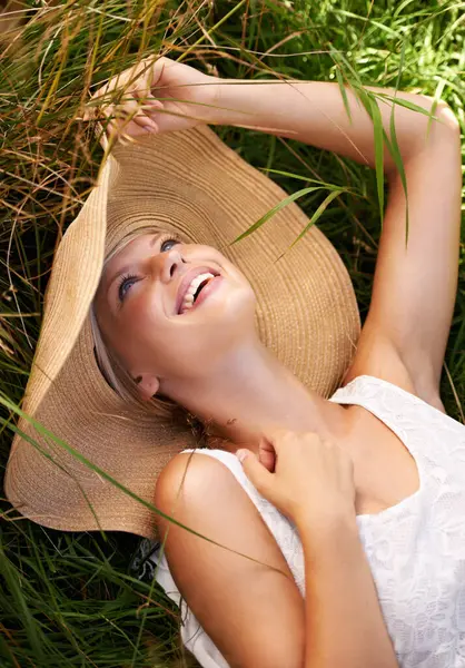 Summer Hat Woman Relax Grass Happiness Freedom Nature Outdoor Fashion Stock Picture