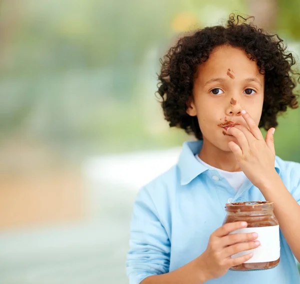 Cute Portrait Kid Chocolate Spread Home Delicious Sweet Snack Treat — Stock Photo, Image