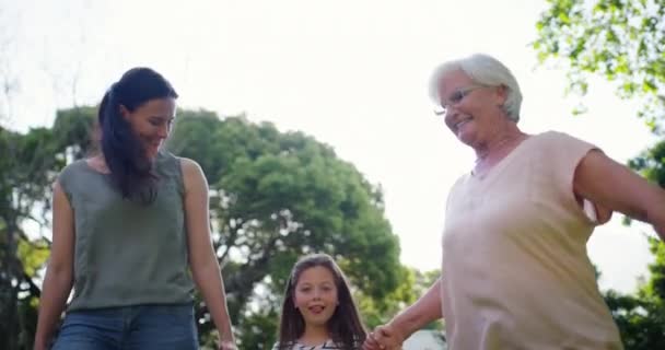 家族の休日の楽しいゲームのために公園で遊んでいるおばあちゃん 子供またはママ おばあちゃんとの自由のためのスイングゲームアクティビティのための自然の中で手 幸せな女性または興奮した子供を保持 — ストック動画