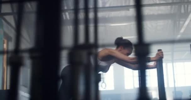 Kobieta Fitness Pchanie Sanki Trening Ćwiczenia Lub Intensywny Trening Razem — Wideo stockowe