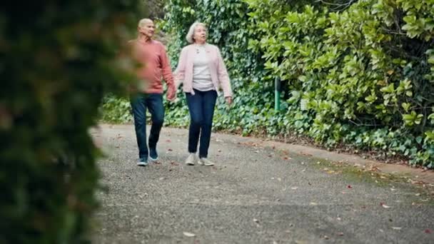 Gehen Händchen Halten Und Altes Paar Garten Mit Unterstützung Liebe — Stockvideo