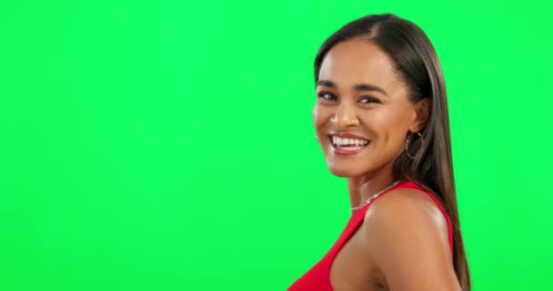Boldog Portré Zöld Képernyőn Izgatott Magabiztos Nevető Lány Vagy Diák — Stock videók