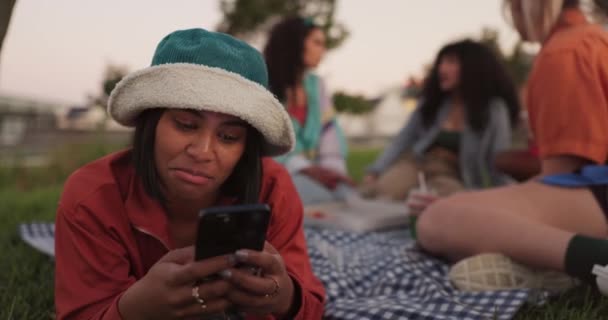 Picknick Telefon Chat Oder Mädchen Park Den Sozialen Medien Internet — Stockvideo