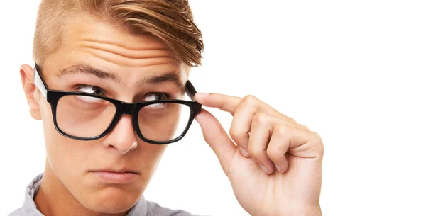 Óculos Pergunta Jovem Estúdio Com Confuso Dúvida Decisão Expressão Facial — Fotografia de Stock