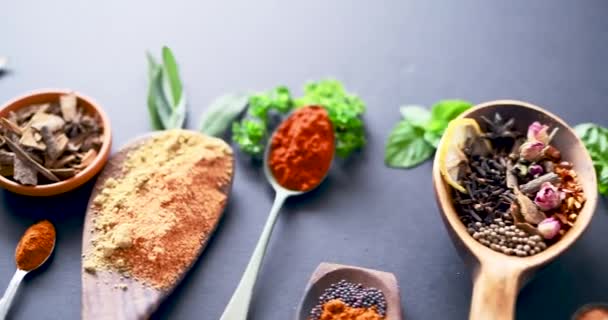 Especias Hierbas Condimentos Para Cocina Distribución Mesa Para Curry Cucharas — Vídeos de Stock