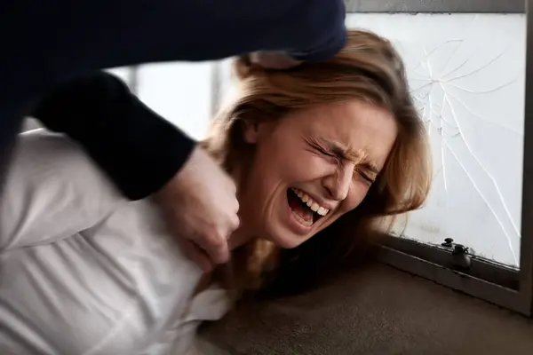 Woman Crying Abuse Physical Assault Screaming Criminal Hands Conflict Fight — Stock Photo, Image