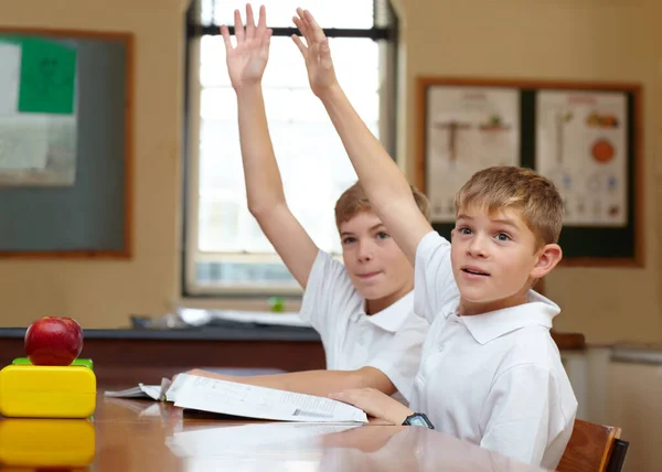 Students Classroom Hands Learning Question Teacher Education Studying Kindergarten Boys — Stock Photo, Image