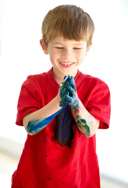 Lachen Handen Schilderen Met Een Jongenskind School Voor Kunst Creatief — Stockfoto