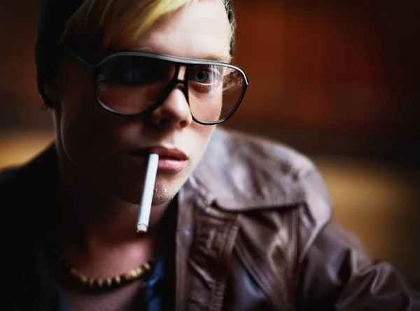 Portrait Addiction Boy Smoking Cigarette Closeup Nicotine Tobacco Dependency Sunglasses — Stock Photo, Image