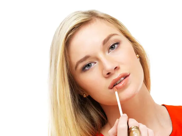 Beauty Portrait Woman Studio Lipgloss Application Color Lips Facial Cosmetics — Stock Photo, Image