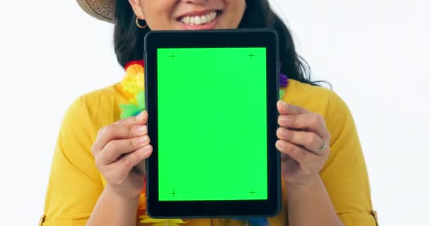 Zöld Képernyő Tabletta Kezek Stúdióban Feliratkozás Hírek Vagy Platform Ajánlat — Stock videók