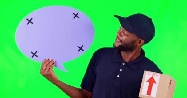 Burbuja Voz Maqueta Caja Con Hombre Negro Pantalla Verde Estudio — Vídeos de Stock