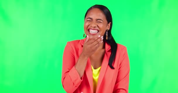 Humor Mädchen Und Porträt Mit Lachen Auf Grünem Bildschirm Mit — Stockvideo