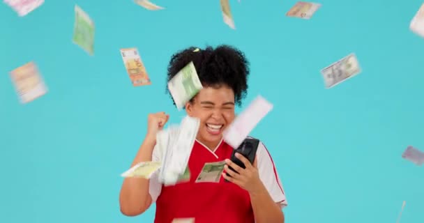 Money Rain Phone Happy Woman Excited Celebrate Cheers Euro Bills — Stock Video
