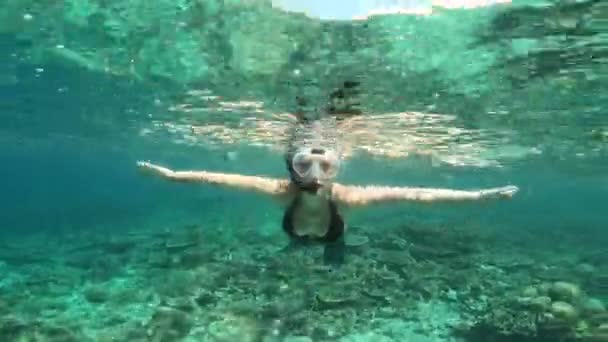 斯库巴潜水 好迹象和妇女潜水在海洋探险 假期和假期在毛里求斯 旅行和在热带水域中的女性 在岛上游泳时可以用手部的姿势 — 图库视频影像