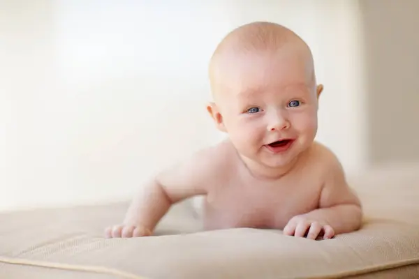 新生儿 婴儿或肖像画在沙发上 有利于儿童的健康成长 成长或学习 面带微笑或面带微笑或好奇或搜寻环境 安全或在休息室发现的时间 — 图库照片