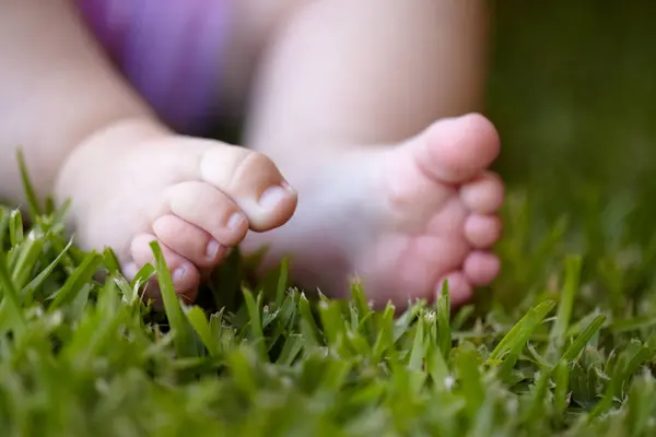 Feet Closeup Baby Outdoor Grass Lawn Newborn Toes Field Nature — Stock Photo, Image