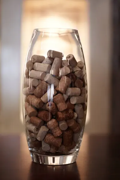 Winery Glass Jar Group Cork Plugs Wooden Table Closeup Decoration — Stock Photo, Image