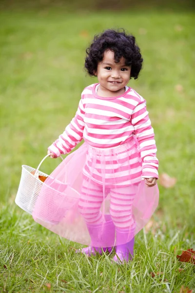 Portret Szczęśliwe Dziecko Tutu Trawie Parku Koszykiem Jesień Mała Dziewczynka — Zdjęcie stockowe
