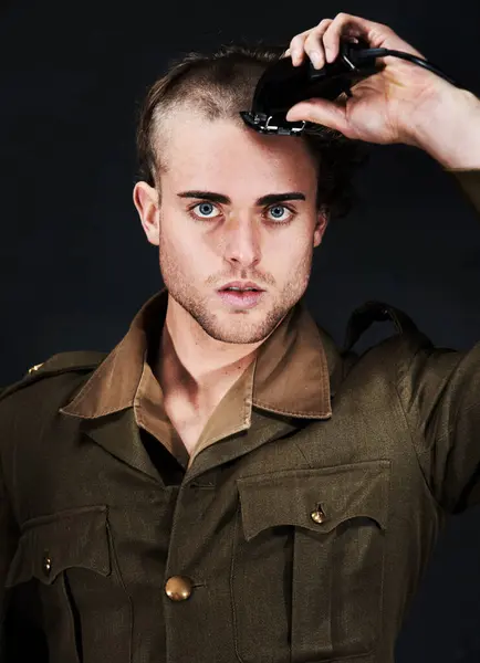 Military Soldier Portrait Man Haircut Studio Isolated Black Background Army — Stock Photo, Image