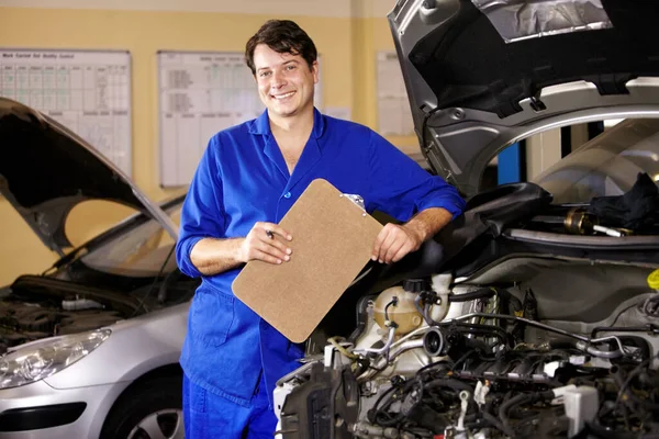 Portrait Happy Man Mechanic Checklist Engine Car Repair Maintenance Smile Stock Image