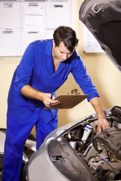 Checklist Man Mechanic Check Engine Car Repair Maintenance Clipboard Technician Stock Image