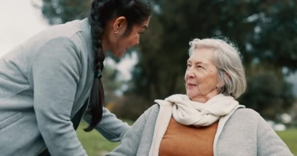 Pečovatel Pomáhá Zdravotně Postižené Ženě Parku Podporu Důvěru Péči Důchodu — Stock video