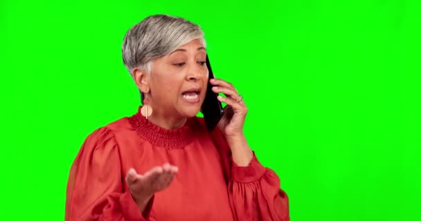 Телефонний Дзвінок Гнів Старша Жінка Зеленому Екрані Розмови Розмов Обговорення — стокове відео