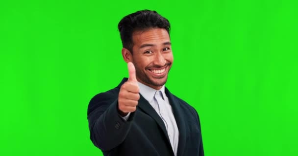 Великі Пальці Вгору Посмішка Бізнесмен Зеленому Екрані Дякую Або Підтримки — стокове відео
